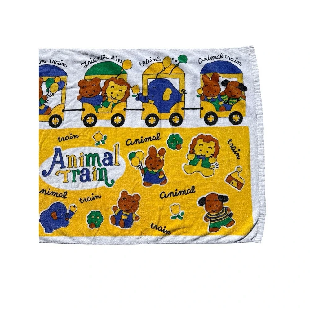 VTG 90s Rare Animal Train Kids Beach Towel Yellow White Cute Friendship Graphic